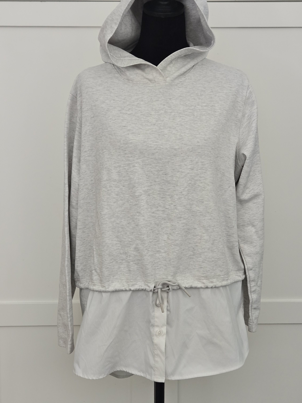 Athleta Gallery Hoodie Top Women Large Gray White Layered Hem Drawstring Casual